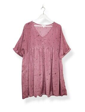 Umgee Pink Star Print Short Sleeve Boho Button-Front Dress Women's Size Large